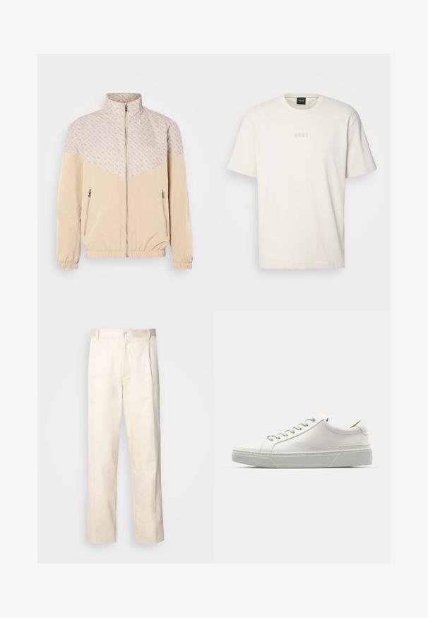 Beige vindjakke med mønstret øverste del. Har ståkrage, frontlomme med lynlås og elastiske manchetter. To sidelommer med lynlås.; BOSS TEE - T-shirts - open white; Beige bomullsbukser med rett benfatt, med knappelukking og folder foran for ekstra detaljer.; Hvit lær sneakers med rund tå, minimalistisk design, grå snøring og teksturert grå gummisåle. Subtile sømdetaljer synlige.