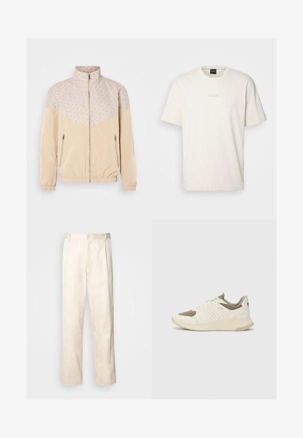 Casaco corta-vento bege com uma seção superior estampada. Apresenta um colarinho alto, fecho éclair frontal e punhos elásticos. Dois bolsos laterais com fecho éclair.; BOSS TEE - T-shirt básica - open white; Calças de algodão bege com corte reto, apresentando um fecho de botão e pregas na frente para um detalhe adicional.; Sapatilha atlética branca e bege claro, com parte superior em malha, detalhes perfurados e uma entressola texturizada com marcação no calcanhar.