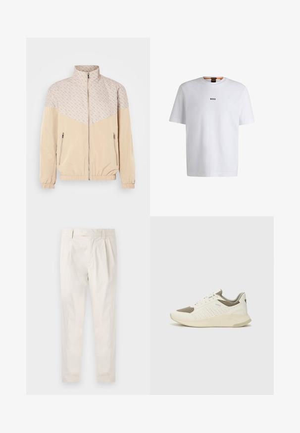 Beži windbreaker jakk, millel on mustriline ülemine osa. Omab seisvat kraed, eest luku ja elastseid mansette. Kaks külgmise lukuga taskut.; Valge puuvillane T-särk lühikeste varrukatega, millel on must "BOSS" logo, mis on keskendatud rinnale, ja ümmargune kaelaava disain.; Valged volditud püksid, mis on kohandatud sobivusega, sujuva tekstuuriga, vööloopidega ja kitsenevate jalgadega. Pole nähtavaid taskuid ega mustreid.; Valge ja heledat beeži värvi spordijalats, millel on õhuke võrkmaterjal, perforatsioonidega detailid ning tekstuuriga vahetald, millel on brändi logo kannaosas.