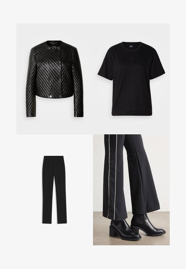 Svart vadderad läderjacka med rund hals, långa ärmar och tryckknappar, med diagonala sömmönster och en kort design.; Svart bomullströja med rund halsringning, korta ärmar och en broderad logotyp på bröstet. Enkel, avslappnad passform utan mönster.; Svarta skräddarsydda byxor med rak bendesign, som har framfickor och ett slätt, strukturerat tyg. Prydlig, minimal detaljer.; Svarta läderankelboots med klack, med elastiska sidopaneler. I kombination med svarta byxor som har en vit sidostrip.