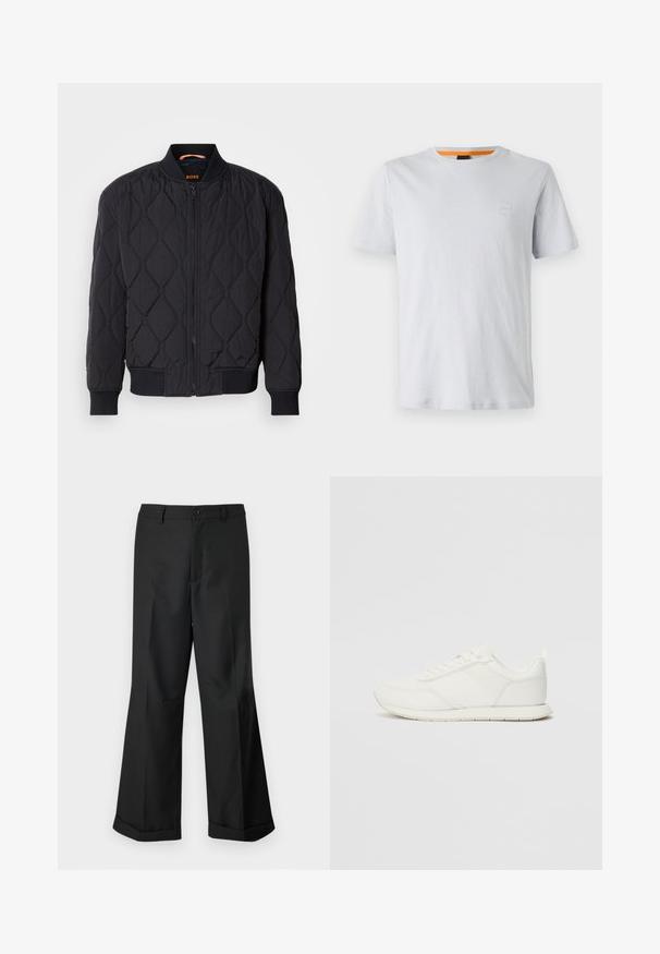 Jachetă bomber căptușită, de culoare neagră, cu guler și manșete ribbate, model deosebit cu un tipar în diamond structurat și închidere cu fermoar în față. Brand pe gulerul interior.; Tricou scurt, de culoare gri deschis, din bumbac, cu un mic logo pe piept și un accent portocaliu contrastant la guler.; Pantaloni negri cu picioare largi, cu talie cu nasturi și margini răsucite, expuși pe un fundal alb simplu.; Tenis alb cu un superior din plasă și material sintetic, vârf rotund, șireturi plate și o dungi texturată pe lateral. Talpă din cauciuc cu un tab la spate.