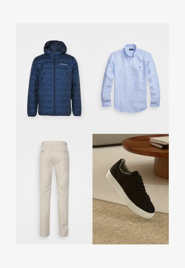 Columbia DELTA RIDGE™ II DOWN HOODED JACKET - Sulejope - collegiate navy; Sinine ja valge triibuline pikkade varrukatega särk, mis on valmistatud puuvillast, ning millel on nööbitav krae, esi-nööbid ja väikese tikandiga logo rinnal.; Bež püksid siledas tekstuuris, sirge lõikega, kahe nööpidega tagataskuga ja tavalise vöökohaga.; Mustad musta tossuga valge tallaga, mis hõljub beeži tekstuuriga vaiba kohal, ümaral puidust laual, mille peal on kokku virnastatud raamatud.