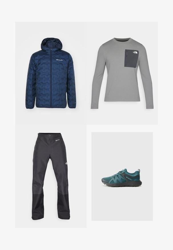 Columbia DELTA RIDGE™ II DOWN HOODED JACKET - Down jacket - collegiate navy; Long-sleeve gray shirt with textured fabric, featuring a dark gray chest pocket and a zip closure. Logo on pocket in white.; Black waterproof pants with a smooth texture, featuring a GORE-TEX logo on the front, and reinforced lower legs for durability.; Columbia PEAKFREAK ROAM - Hiking shoes - everblue/dark grey