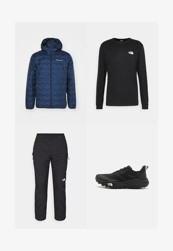 Columbia DELTA RIDGE™ II DOWN HOODED JACKET - Down jacket - collegiate navy; Black long-sleeve t-shirt made of cotton, featuring a white logo on the left chest and ribbed cuffs. Smooth texture with a crew neckline.; The North Face WINTER EXPLORATION TAPERED CARGO - Outdoor trousers - black; Black trail running shoe with a textured upper, rubber sole, and reinforced toe cap. Features a padded collar and pull tab for easy wear.
