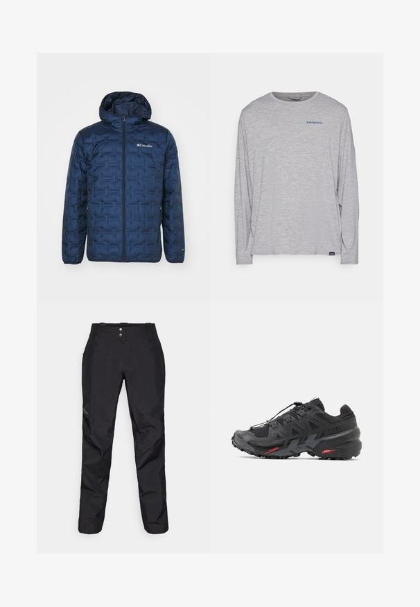 Columbia DELTA RIDGE™ II DOWN HOODED JACKET - Jachetă cu puf - collegiate navy; Tricou cu mânecă lungă de culoare gri deschis, realizat dintr-un material moale și texturat. Are un gât rotund și un mic logo al brandului Patagonia de culoare albastră pe piept.; Pantaloni negri impermeabili cu o textură netedă, cu două butoane în față și un design cu picior îngust. Accentuati cu un logo pe lateral.; Pantofii de alergare negri, cu un superior sintetic, design texturat și accente roșii contrastante. Dispun de un sistem de șireturi securizat și o talpă robustă.