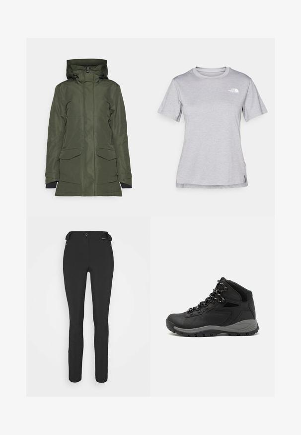 Groene waterdichte jas met een gevoerde capuchon, twee grote voorzakken en een ritssluiting. Het materiaal heeft een gladde textuur.; Grijze T-shirt met korte mouwen, gemaakt van zachte, vochtabsorberende stof. Heeft een ronde hals en een klein wit logo op de bovenste linkerzijde.; Zwarte, strakke broek gemaakt van een flexibel materiaal. Kenmerken zijn onder andere een ritszak aan de zijkant, gebogen knieën en een gladde textuur.; Zwarte wandelschoen met een mid-top ontwerp, voorzien van een gestructureerde bovenkant, grijze accenten en een duurzame rubberen zool met gripnoppen.