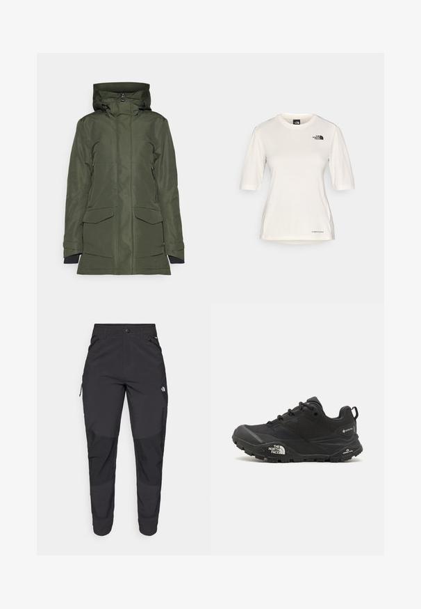 Zelena vodoodporna jakna z obloženim kapuco, dvema velikima sprednjima žepoma in zadrgo. Material ima gladko teksturo.; The North Face SHADOW SHORT SLEEVE - Športne majice - white dune; Črne zunanje hlače iz trpežnega materiala. Imajo žepke na zadrgo, ojačane kolenske dele in ravno krojeno zasnovo za prosto gibanje.; Črne pohodne čevlje z teksturirano zgornjim delom, vezalnim zapiranjem in masivnim gumijastim podplatom, ki ima opazen logotip na strani in vzorce profila.