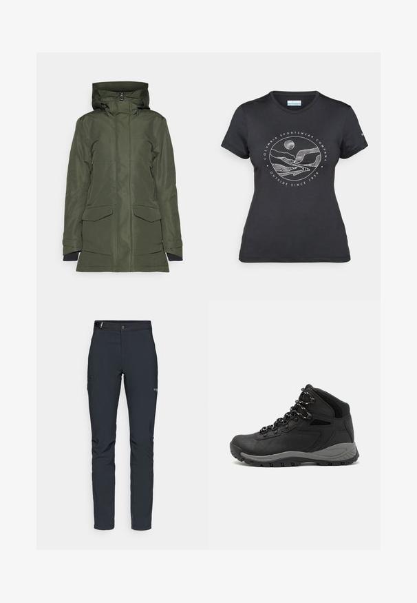 Zöld vízálló dzseki bélelt kapucnival, két nagy elülső zsebbel és cipzáras záródással. Az anyag sima textúrájú.; Fekete Columbia póló fehér, kör alakú hegy és folyó vonalrajzzal, valamint a "Columbia Sportswear Company Outside Since 1938" felirattal.; Férfi kültéri nadrág, sötétszürke, rugalmas anyagból készült, övvel, cipzáros zsebekkel és megerősített varratokkal.; Fekete túracipő közepes magasságú kialakítással, texturált felsőrésszel, szürke részletekkel és strapabíró gumitalppal, amelynek tapadós kiemelkedései vannak.