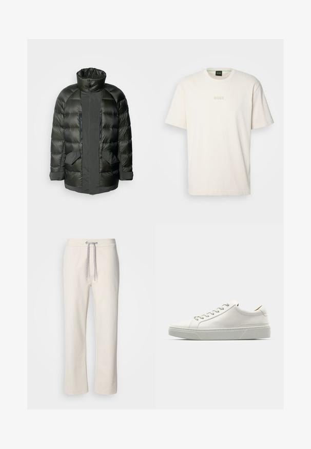 Colmar Originals MAN - Dūnu mētelis - forest/forest; BOSS TEE - Pamata T-krekls - open white; Krēmkrāsas brīvā laika bikses ar auklu jostasvietā un taisnām kājām, attēlotas uz vienkārša balta fona.; Bālā ādas sporta apavi ar noapaļotu purngala formu, minimālisma dizains, pelēkās šņores un teksturēta pelēka gumijas zole. Redzami smalki dūriena detalizējumi.