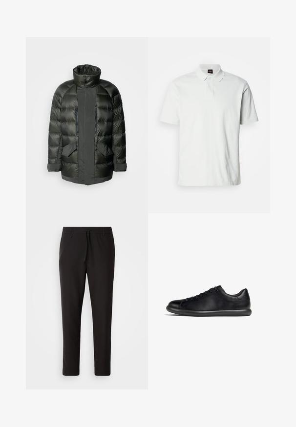 Colmar Originals MAN - Dūnu mētelis - forest/forest; Baltas polo krekls, izgatavots no kokvilnas, ar klasisku apkakli, divām pogām un uz priekša iešūtu diskrētu zīmola logotipu. Īsas piedurknes.; Melnas sporta bikses no gludas auduma. Tām ir elastīga josta ar auklu, sašaurinātas kājas un nav redzamu kabatu. Vienkāršs dizains.; Melna ādas zema augšdaes sporta apavi ar melnām šņorēm un biezu mīkstu zoli, parādīti sāna profilā uz balta fona.