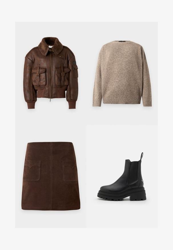 Feng Chen Wang VINTAGE STYLE JACKET - Casaco de pele sintética - brown; Camisola bege de lã com malha texturada, gola redonda, ombros caídos e bainha canelada. Acabamento liso com variação de cor subtil.; Saia de camurça castanha com um formato clássico em A, duas bolsas frontais com abas arredondadas e detalhes de costura sutis.; Botas chelsea pretas feitas de couro liso, com painéis elásticos dos lados, uma sola de borracha grossa e estriada, e uma alça na parte de trás.