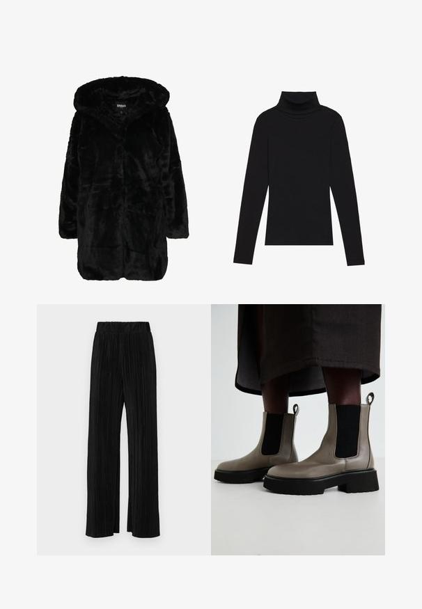 Svart faux fur-kappa med huva, med en mjuk textur, långa ärmar och en avslappnad passform. Tyget har ett plyschigt, glänsande utseende.; Svart polokrage långärmad topp, tillverkad av ribbat tyg, har en figurnära design med hög hals och inga mönster eller accenter.; Svarta plisserade byxor med resårmidja. Har vida ben och ett mjukt, texturerat material med vertikala ränder.; Grå ankboots tillverkade av texturerat läder med elastiska sidopaneler och en kraftig svart sula. Har dragremmar för enkel påtagning.
