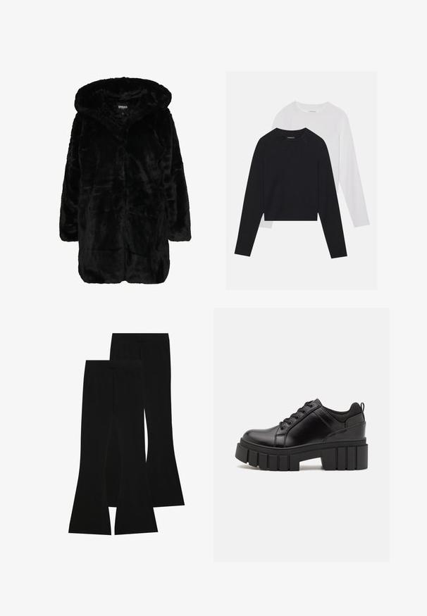 Melna mākslīgā āda ar kapuci, ar mīkstu tekstūru, garām piedurknēm un brīvu piegriezumu. Audumam ir grezna, spīdīga izskats.; Divas garām piedurknēm krekli: viens melns un viens balts. Abiem ir apaļa izgriezne, raglanu piedurknes un mīksta kokvilnas maisījuma audums.; Melni platie bikses, izgatavotas no elastīgas auduma, ar augstu vidukli un gludu tekstūru, ar pieguļošu dizainu, kas paplašinās no ceļa.; Melnas ādas platformas kurpes ar masīvu bloku papēdi, apaļu purngalu un tradicionālu saistīšanas dizainu. Izceļas ar gludu tekstūru un minimālu apdari.