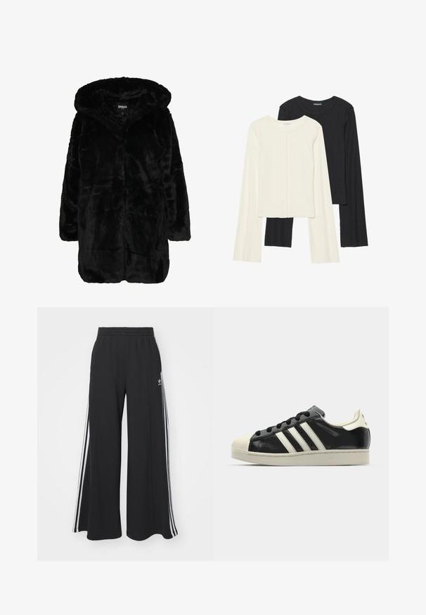 Juodas dirbtinės kailio paltas su kapišonu, turintis minkštą tekstūrą, ilgas rankoves ir laisvą kirpimą. Audinys turi pūkuotą, blizgų išvaizdą.; Dviejų ilgomis rankovėmis marškinėlių rinkinys, baltas ir juodas. Raukšlėta tekstūra, apvalus kaklas, prigludusi forma su šiek tiek platėjančiomis rankovėmis.; Juodos plačios kojų džinsinės kelnės su elastingu juosmeniu, turinčios baltas šonines juosteles ir išsiuvinėtą logotipą kairiajame šlaunyje.; Juodi odiniai sportiniai bateliai su baltais dryžiais, guminis toe kapas, juodi raišteliai ir kreminis padas. Lygus pavirčius su blizgiu finišu.