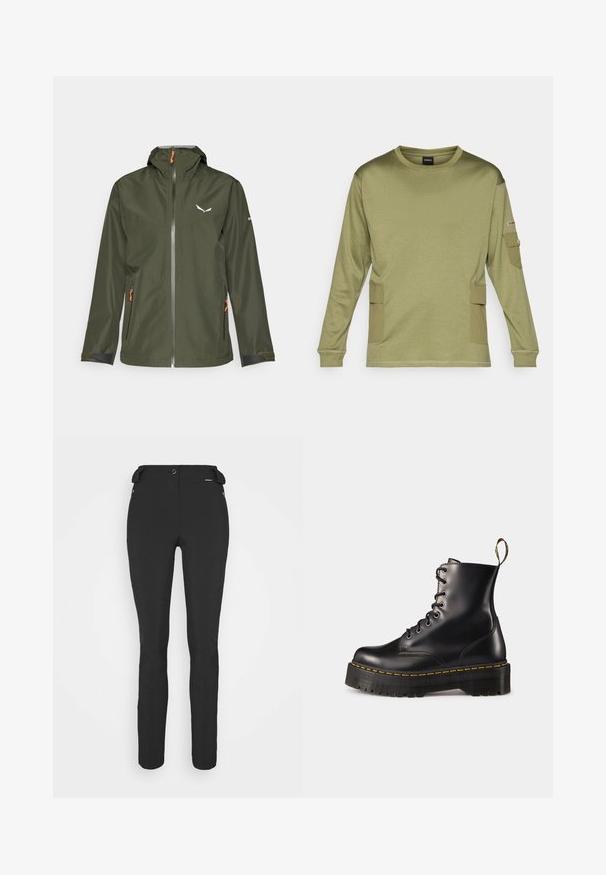 Tume roheline välihaal, millel on tõmblukuga esiosa, reguleeritav kapuuts, oranžid aktsendid ja logo. Omab elastseid mansette ja kahte küljetaskut.; Pika-särklit vasikas rohelisest kangast pika varrukaga, millel on küljetaskud ja soonikkudumine. Lihtne ümmargune kaelus.; Mustad, hästi istuvad püksid, mis on valmistatud paindlikust materjalist. Omadusteks on lukuga küljetasku, artikeeritud põlved ja sile pind.; Mustad musta nahast kingad, millel on paks must solk ja kollane õmblus. Tagaküljel on tõmblõng ja ümmargused metallisest silmad.