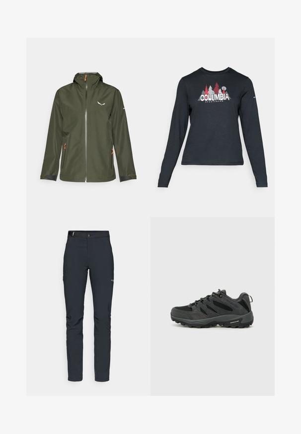 Veste extérieure vert foncé avec fermeture éclair à l'avant, capuche ajustable, accents orange et logo. Comprend des poignets élastiques et deux poches latérales.; Chemise à manches longues gris foncé avec un motif d'arbres rouges et de montagnes ; logo "COLUMBIA" en lettres blanches en gras. Tissu doux, col rond standard.; Pantalons de plein air pour hommes, gris foncé, fabriqués en matériau flexible, dotés d'une ceinture, de poches zippées et de coutures renforcées.; Columbia REDMOND - Chaussures de marche - black/citron haze
