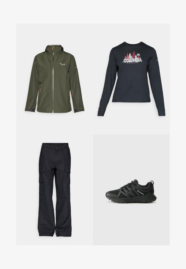 Tmavě zelená venkovní bunda se zipem vpředu, nastavitelnou kapucí, oranžovými akcenty a logem. Má elastické manžety a dvě boční kapsy.; Tmavě šedá dlouhá košile s grafikou červených stromů a hor; logo "COLUMBIA" v tučném bílém písmu. Měkká tkanina, standardní kulatý výstřih.; Columbia BREA FALLS™ COTTON RIPSTOP PANT - Outdoorové kalhoty - black; Columbia PEAKFREAK - Trekingové boty - black