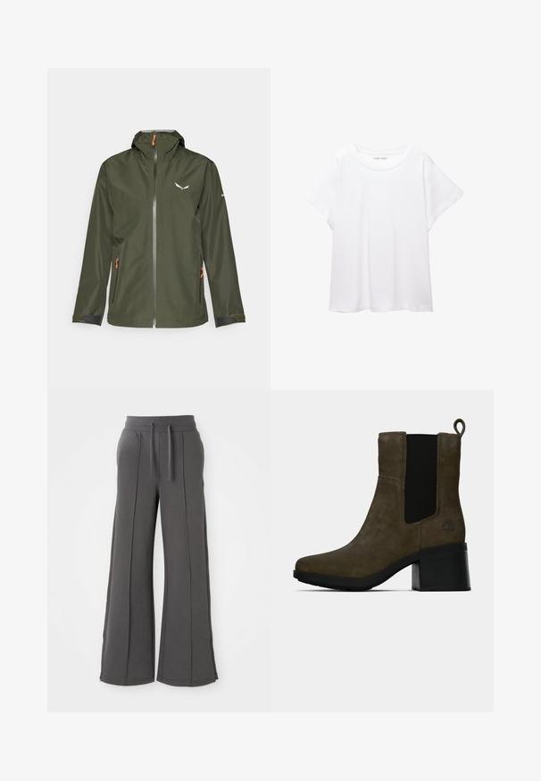Dunkelgrüne Outdoorjacke mit durchgehendem Reißverschluss, verstellbarem Kapuzen, orangefarbenen Akzenten und einem Logo. Verfügt über elastische Bündchen und zwei seitliche Taschen.; Weißes T-Shirt aus weichem, leichtem Stoff. Mit runder Halslinie und kurzen, weit geschnittenen Ärmeln für einen lässigen Sitz. Keine sichtbaren Muster.; Dunkelgraue weit geschnittene Jogginghosen mit vorderen Nähten, elastischem Taillenbund, Kordelzügen, seitlichen Taschen und Reißverschlussenden auf einem weißen Hintergrund.; Braune Wildleder-Stiefelette mit schwarchem elastischen seitlichen Einsatz, Zuglasche, Blockabsatz und geprägt Baum-Logo auf der Fersenpartie.