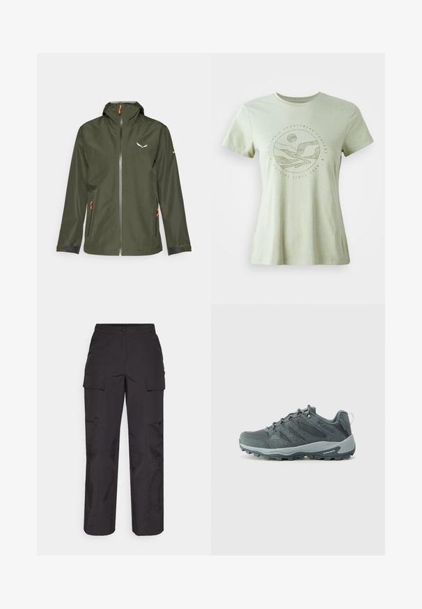 Giacca outdoor verde scuro con zip frontale, cappuccio regolabile, dettagli arancioni e un logo. Presenta polsini elasticizzati e due tasche laterali.; T-shirt verde chiaro a maniche corte con una grafica circolare beige, che rappresenta montagne, un fiume e il sole. Tessuto morbido con collo a girocollo.; Pantaloni cargo neri realizzati in tessuto resistente, caratterizzati da molteplici tasche laterali, chiusura con bottone e vestibilità ampia con gambe dritte.; Scarpe da trekking di colore grigio scuro con tomaia in rete e suède, design con lacci, suola imbottita e suola robusta con motivo antiscivolo.