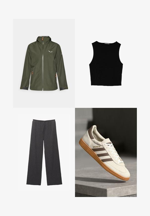 Mørkegrøn udendørsjakke med lynlås foran, justerbar hætte, orange detaljer og et logo. Har elastiske manchetter og to sidelommer.; Sort ærmeløs crop top lavet af glat stof, med rund hals og et rent, enkelt design uden mønstre eller hardware.; Bredde bukser i mørkegrå, med et struktureret stof og en elastisk talje med snøre. Simpelt og minimalistisk design.; Hvide ruskind sneakers med brune læderdetaljer, tre brune striber og hvide snørebånd. Har en struktureret gummisål og et gyldent "SPEZIAL" logo.