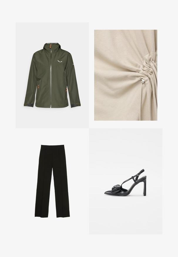 Tmavozelená vonkajšia bunda so zipsom vpredu, nastaviteľnou kapucňou, oranžovými akcentmi a logom. Obsahuje elastické manžety a dve bočné vrecká.; Krémová tkanina zhromaždená a stiahnutá striebornou kovovou zámkou na detaile so šnúrkou.; Čierne široké nohavice vyrobené z hladkej tkaniny, so priliehavým pásom a jemnými prednými záhybmi pre zvýšenie textúry.; Čierna lodička s vysokým podpätkom a špicatou špičkou, lesklý povrch, tenké remienky a dekoratívny plisovaný detail na prednej strane.