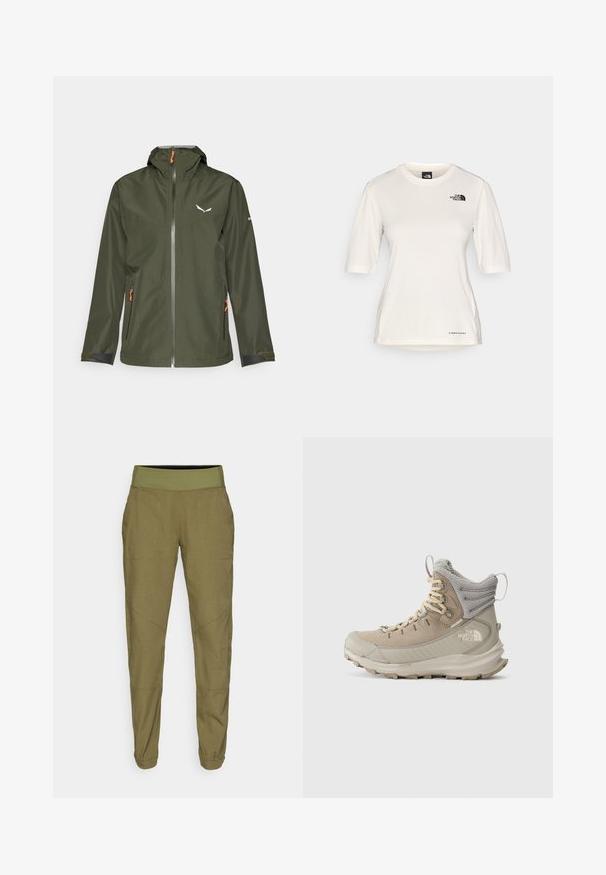 Mörkgrön utomhusjacka med dragkedja fram, justerbar huva, orange detaljer och en logotyp. Har elastiska ärmmuddar och två sidofickor.; The North Face SHADOW SHORT SLEEVE  - T-shirt till träning - white dune; Olivgröna, smalnade byxor med elastisk midja, lättviktsmaterial och två sidofickor. Har diskret sömnad och uppvikt nederkant.; Beige och grå högskurna vandringsskor med vadderad anklekollare, robust sula och The North Face-logotyp på sidan.