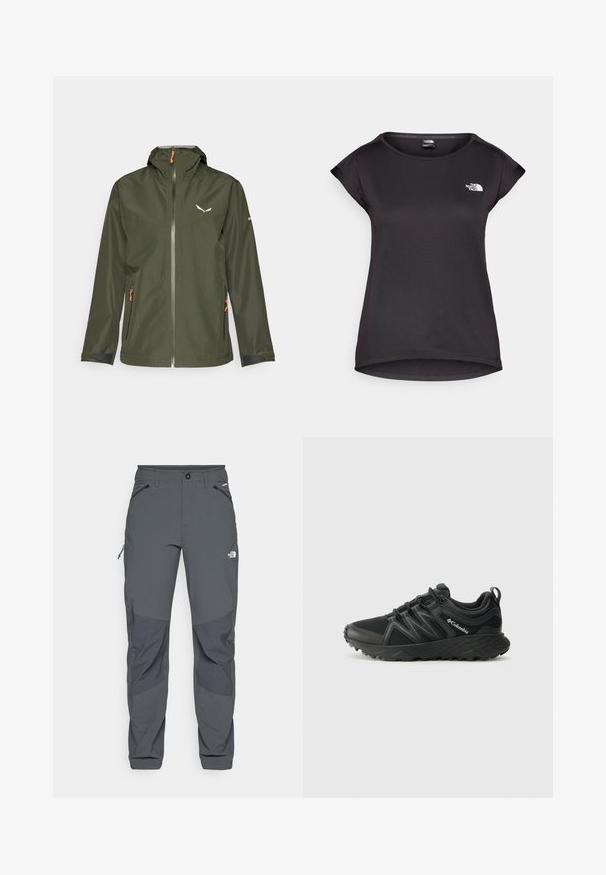 Mørkegrøn udendørsjakke med lynlås foran, justerbar hætte, orange detaljer og et logo. Har elastiske manchetter og to sidelommer.; The North Face TANKEN TANK - Sports T-shirts - black; Mørkegrå udendørsbukser med forstærkede knælapper, lynlåslommer på siden og fronten, knaplukning og The North Face-logo på låret.; Columbia PEAKFREAK - Hikingsko - black