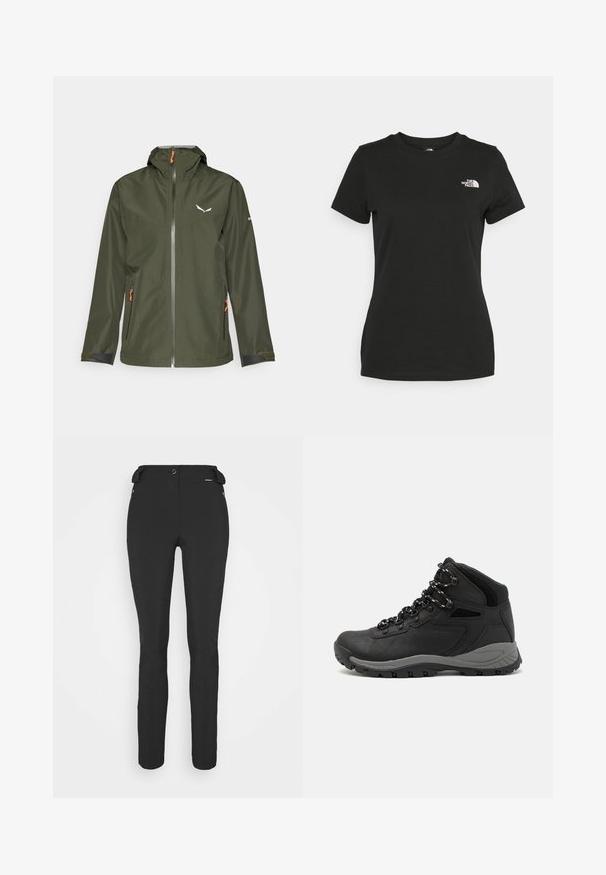 Giacca outdoor verde scuro con zip frontale, cappuccio regolabile, dettagli arancioni e un logo. Presenta polsini elasticizzati e due tasche laterali.; T-shirt in cotone nero con collo a giro e maniche corte. Logo bianco ben visibile sulla parte superiore sinistra. Tessuto liscio, vestibilità casual.; Pantaloni neri aderenti realizzati in materiale flessibile. Presentano una tasca laterale con zip, ginocchia articolate e una texture liscia.; Stivale da trekking nero con design a metà altezza, dotato di una tomaia texturizzata, accenti grigi e suola in gomma resistente con tasselli per la trazione.