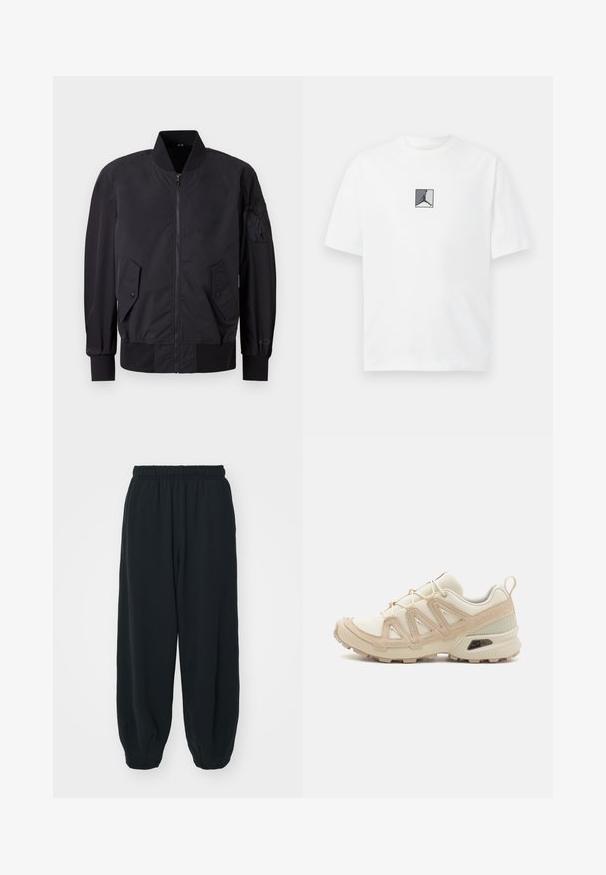 Giubbotto bomber nero con zip frontale, due tasche con bottoni a pressione, polsini a costine e un patch in tessuto sulla manica. Texture liscia e opaca.; T-shirt bianca in cotone con un grafiche logo centrale in nero e grigio. Collo rotondo classico e maniche corte con una vestibilità rilassata.; Pantaloni da jogging neri con vita elasticizzata, dalla vestibilità morbida, caviglie a costina, texture liscia e senza motivi visibili o dettagli in metallo.; Scarpa atletica beige e crema con tomaia in mesh testurizzato, sovrapposizioni supportive e suola in gomma con un motivo a tasselli per la trazione.