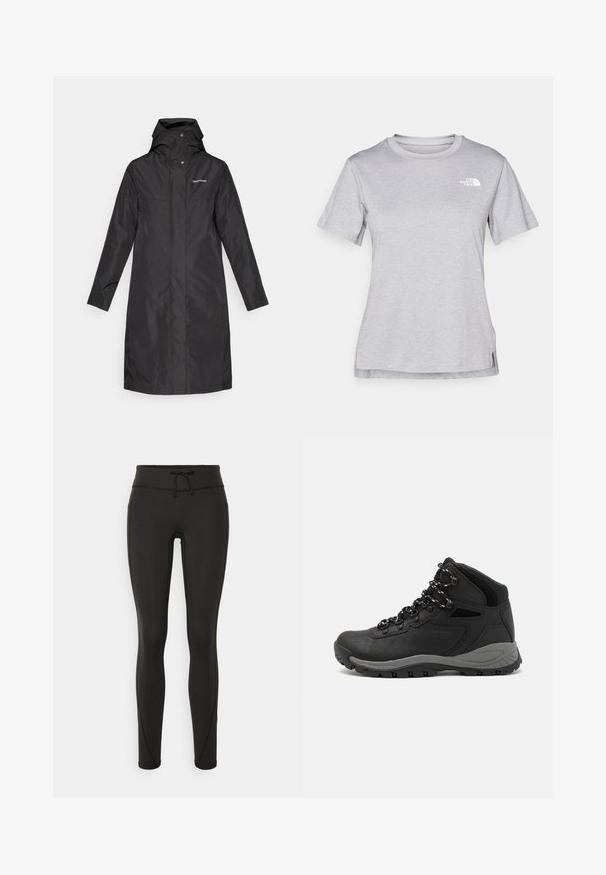 Juodas lietpaltis, pagamintas iš kvėpuojančio, vandeniui atsparaus audinio, su aukštu apykakle, prijungta kapišonu ir spaustuku. Minimalistinis dizainas be raštų.; Pilkas trumpomis rankovėmis marškinėliai, pagaminti iš minkštos, drėgmę sugeriančios medžiagos. Turi apvalią iškirptę ir mažą baltą logotipą viršutiniame kairiajame kampe.; Juodi leggingai su aukšta juosmeniu, raišteliu, lygiu paviršiumi ir prigludusia forma. Yra siuvimo detalės šonuose.; Juodas žygio botas su vidutinio aukščio dizainu, pasižymintis tekstūruota viršutine dalimi, pilkų akcentų ir patvaria guma padanga su sukibimo gumbais.