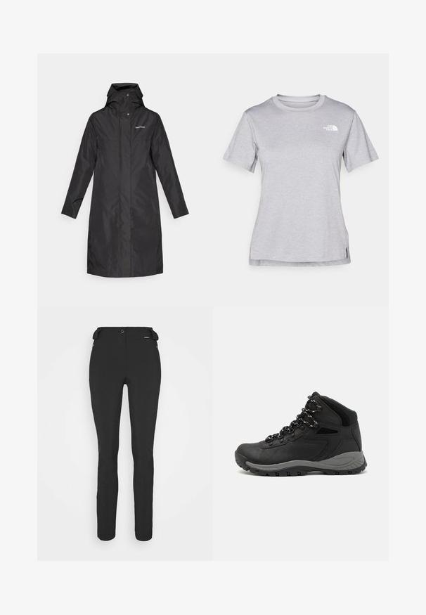 Svart regnfrakk med pustende, vanntett materiale, høy krage, festet hette og trykknappsluttning. Minimalistisk design uten mønstre.; Grå kortermet t-skjorte laget av myk, fukttransporterende stoff. Har en rund hals og en liten hvit logo på øvre venstre side.; Svart, tettsittende bukser laget av et fleksibelt materiale. Funksjoner inkluderer en glidelåslukket sidelomme, artikulerte knær og en glatt tekstur.; Sorte turstøvler med mid-topp design, som har en teksturert overdel, grå detaljer og slitesterk gummisåle med godt grep.