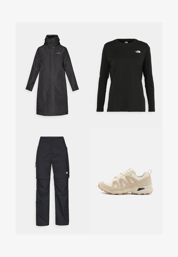 Μαύρο αδιάβροχο παλτό με αναπνεύσιμο, αδιάβροχο υλικό, ψηλό γιακά, προσαρμοσμένη κουκούλα και κλείσιμο με κουμπί. Μινιμαλιστικός σχεδιασμός χωρίς σχέδια.; Μαύρο μακρυμάνικο μπλουζάκι από βαμβάκι με στρογγυλή λαιμόκοψη. Διαθέτει ένα μικρό λευκό λογότυπο στην αριστερή πλευρά του στήθους. Απλός σχεδιασμός και εφαρμογή.; Μαύρα νάιλον παντελόνια cargo με φερμουάρ που αφαιρούνται, ρυθμιζόμενους καρπούς, πολλαπλές τσέπες και λογότυπο στο δεξί πόδι. Απαλή, ελαφριά υφή.; Μπεζ και κρεμ αθλητικό παπούτσι με υφασμάτινη άνω επιφάνεια με υφή, υποστηρικτικά overlay και καουτσούκ σόλα με σχέδιο πέλματος για πρόσφυση.
