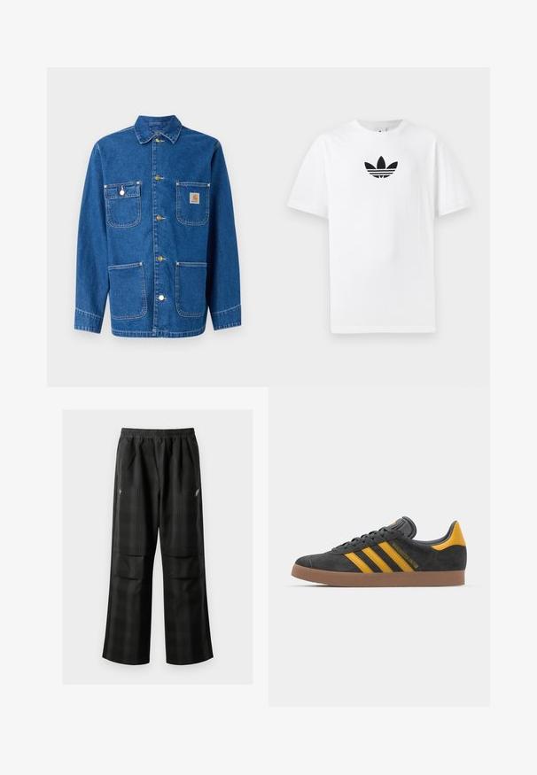 Jeans jakna u tamnoplavoj boji s dugim rukavima, prednjim zatvaračem na gumb, dva džepa na prsima i jednom logom na lijevoj strani prsiju.; Bijela pamučna majica s crnim Adidas logom u centru. Kratki rukavi i dizajn s okruglim izrezom. Glatka tekstura.; Crne karirane hlače s elastičnom urezom, dva prednja džepa i ležernim krojem s ravnim nogavicama. Izrađene su od laganog materijala.; Crne nubuk tenisice s žutim detaljima, sa tri pruge i smešnim gumenim potplatom. Imaju jastučić na jeziku za udobnost.