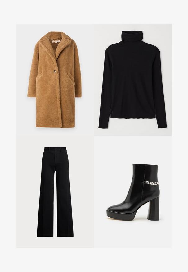 Barna műszőrme kabát, bemetszett gallérral, nagy elülső zsebekkel, egy gombos záródással és puha, texturált felülettel.; Fekete garbó pulóver bordázott anyagból. Hosszú ujjak, testhezálló forma, és enyhén lazább alj, látható minták vagy fémrészek nélkül.; Fekete, bő szárú nadrág szőtt anyagból, magas derékkal, elől gombos záródással és oldalzsebekkel. Simává textúrával és letisztult vonalakkal.; Fekete lakk bőr bokacsizma vastag talppal és magas blokksarkúval. Az oldalon ezüst lánc részlet található. Simított felület.