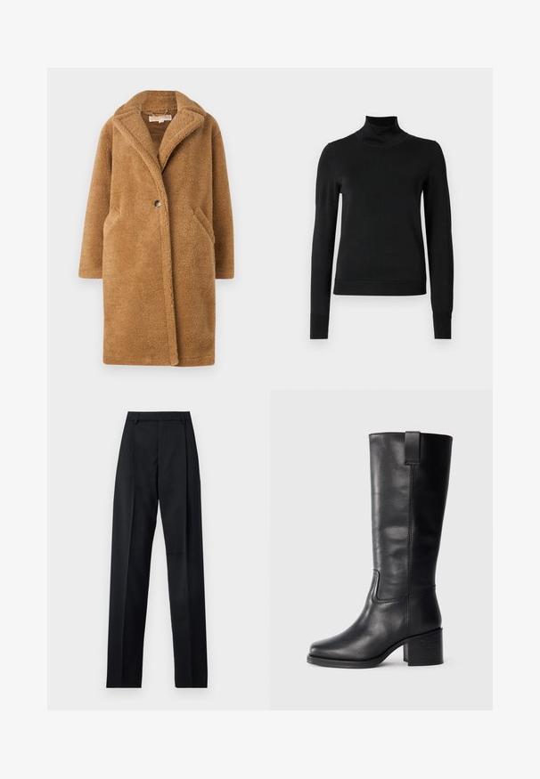 Brun faux fur frakke med flipkrave, store forlommer, enkelt knaplukning og blød, tekstureret overflade.; Sort langærmet turtleneck sweater med ribbede manchetter og kant, vist på en simpel hvid baggrund.; Sorte bukser lavet af glat stof, der har høj talje, brede ben, frontfolder og klassiske bælteløkker. Ingen synlige sidelommer.; Sorte læderknæhøje støvler med en glat tekstur, firkantet tå, blokhæl og sideløkke, der har minimale syninger.