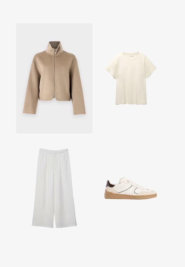 Filippa K DAFINA JACKET - Lahka jakna - moss grey; Svetlo bež kratkosleeven majica s okroglim ovratnikom, izdelana iz mehke, gladke tkanine. Ima sproščen kroj in raven rob.; Bele široke hlače iz lahkega materiala, ki imajo elastičen pas in vrvico za prilagajanje. Gladka tekstura.; Stradivarius Športni copati - white