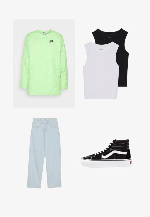 Pārklātā jaka neonzaļā krāsā ar apaļu kakla izgriezumu, pogām ar spiedpogu un sānu kabatām. Uz krūšu ir melns Nike logo.; Divas bez piedurknēm melnbaltā krāsā, izgatavotas no ribotu kokvilnas, ar apaļām kakla izgriezumiem un pieguļošu dizainu. Uz abām ir redzami etiķetes.; Gaiši zilas platās kājas džinsi, kas izgatavoti no denima, ar vidēju jostas augstumu, piecām kabatām un pogas aizdari ar šauru metāla akcentu.; Melnas augstās kedas ar baltām šņorēm, baltu logo un kontrastējošu baltu dūrienu. Iemīlda bieza balta zole un teksturēts zamšāda augšdaļa.