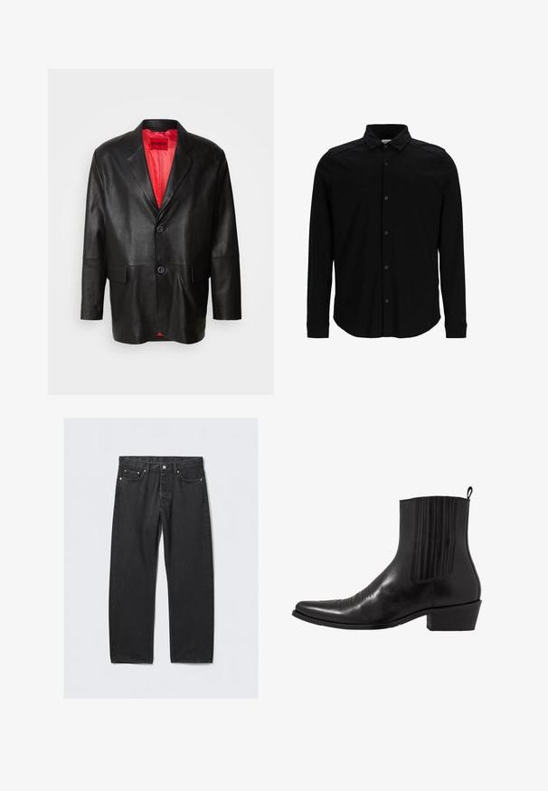 Juodas odinis švarkas su iškirptomis apykaklėmis, dviem priekiniais mygtukais ir dviem šoninėmis kišenėmis. Interjere yra ryškiai raudonas pamušalas.; Juoda ilgos rankovės marškiniai, pagaminti iš glotnaus audinio, su mygtukų užsegimu priekyje, apykakle ir subtiliu išsiuvinėtu logotipu ant krūtinės.; Juodos džinsinės kelnės su tiesiu kirpimu, turinčios mygtukų užtrauktuką, penkias kišenes ir vario spalvos detales. Praeities tekstūra.; Juodas odinis kulkšninis botas su smailiu pirštu, elastingomis šoninėmis dalimis, vertikaliu siuvinėjimu ir žemu stačiakampiu kulnu.