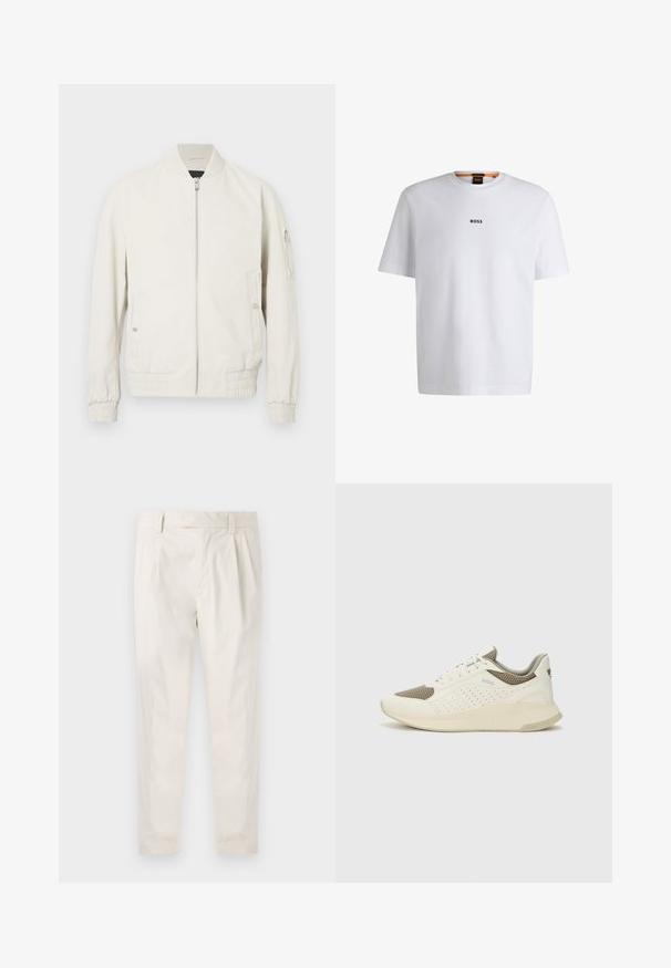 Vaaleanharmaa bomber-takki, jossa on vetoketju etuosa, ribbauskaulus ja hihansuut, kaksi sivutaskua ja vetoketjutasku vasemmassa hihassa. Sileä rakenne.; Valkoinen puuvillapaita lyhyillä hihoilla, jossa on musta "BOSS"-logo keskellä rintaa ja pyöreä pääntie.; Valkoiset, laskostetut housut, joissa on räätälöity istuvuus. Housut ovat sileäpintaiset, niissä on vyölenkit ja kapenevat lahkeet. Ei näkyviä taskuja tai kuvioita.; Valkoinen ja vaaleanbeige urheilukengät, joissa on verkkomateriaali yläosa, rei'itettyjä yksityiskohtia ja teksturoitu välipohja, jossa on brändäys kantapäässä.