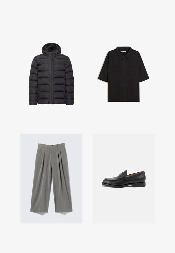 Zwarte pufferjack met capuchon, met een gestikt design, een rits aan de voorkant en zijzakken. Gemaakt van soepel, lichtgewicht materiaal.; Zwart kortmouwen shirt met een kraag, twee voorzakken, knoopsluiting en een gladde stoftextuur.; Grijze streepjesslips met wijde pijpen, met voorplooien, riemlussen, zijzakken en een zwarte knoopsluiting.; Zwarte leren loafers met een gladde afwerking, ronde neus en decoratieve stiksels op de wreef. Lage gestapelde hak en een lichte glans.
