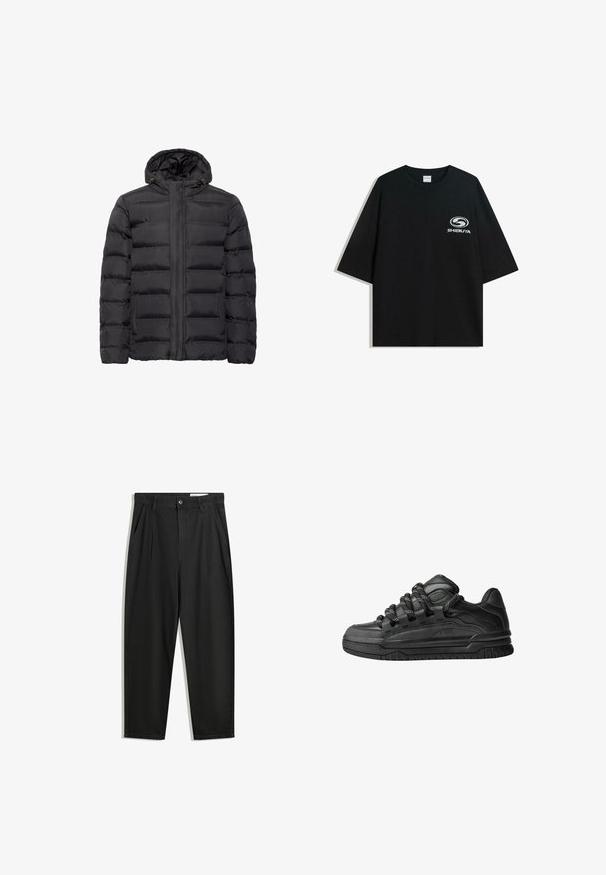 Mustat untuvatakki hupulla, jossa on quiltattu muotoilu, etuvetoketju ja sivutaskut. Valmistettu sileästä ja kevyestä materiaalista.; Mustat ylipitkät puuvillapaidat, joissa on pyöreä kaula-aukko ja lyhyet hihat, etuosassa valkoinen "Shibuya" -logo.; Mustat puuvillahousut rentoa mallia, joissa on klassinen vyötärö, etukangastukset ja sivutaskut. Sileä pinta ilman kuvioita.; Mustat tennarit, joissa on sileä nahkapinta, teksturoituja yksityiskohtia ja pyöreät musta-valkoiset nauhat. Paksu kumipohja, jossa on kuvioitu pinta.