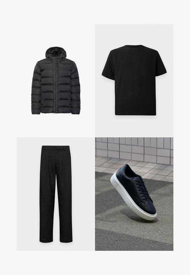 Giacca a vento nera imbottita con cappuccio, caratterizzata da un design trapuntato, chiusura frontale con zip e tasche laterali. Realizzata in materiale leggero e liscio.; T-shirt corto nero a maniche corte realizzato in tessuto testurizzato, con scollatura rotonda e vestibilità comoda. Semplice, senza motivi o dettagli.; Pantaloni neri realizzati in tessuto liscio, caratterizzati da un taglio dritto, due pieghe frontali e una vita standard con passanti per la cintura.; Sneaker in pelle nera con punta arrotondata e suola in gomma bianca. Presenta lacci piatti e cuciture minime sulla parte superiore. Suola testurizzata per una migliore aderenza.