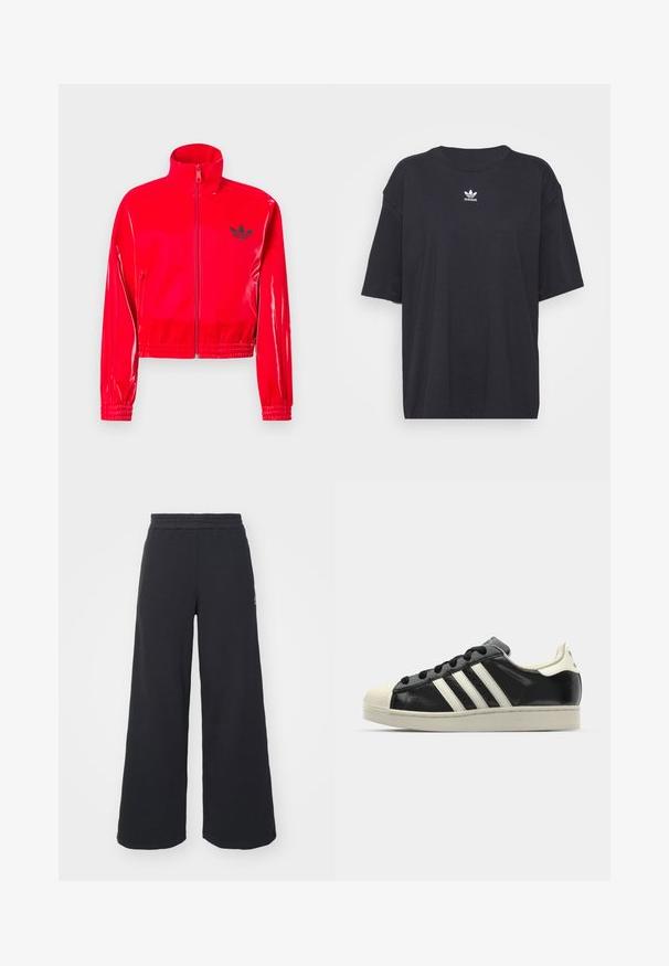 Czerwona, błyszcząca kurtka na zamek z wysokim kołnierzem. Posiada elastyczne mankiety i dół, ozdobiona małym czarnym logo na piersi.; Czarna bawełniana koszulka z krótkim rękawem, okrągłym dekoltem, z białym logo Adidas na klatce piersiowej. Prosty design, luźny krój.; Czarne szerokie spodnie dresowe wykonane z miękkiego materiału, z elastycznym paskiem w talii oraz małym logo po lewej stronie.; Czarne skórzane trampki z białymi paskami, gumowym czubkiem, czarnymi sznurówkami i kremową podeszwą. Gładka faktura z połyskującym wykończeniem.