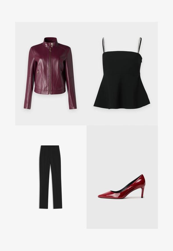 Veste en cuir bordeaux avec col montant, fermeture éclair à l'avant et deux poches à main zippées. Texture lisse et design ajusté.; Haut peplum noir avec de fines bretelles ajustables et des accents argentés. Fabriqué à partir d'un tissu lisse, il présente un buste ajusté et un ourlet évasé.; Pantalon noir ajusté avec une coupe droite, doté de poches avant et d'un tissu lisse et texturé. Détails soignés et minimalistes.; Chaussure à talon aiguille en cuir verni rouge avec un bout pointu et un talon fin. Texture lisse avec une finition brillante et doublure intérieure noire.