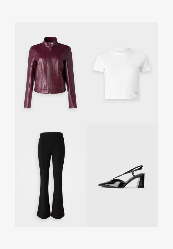 Giacca in pelle color bordeaux con colletto alto, chiusura frontale con zip e due tasche con zip per le mani. Texture liscia e design sartoriale.; T-shirt cropped bianco realizzato in cotone liscio, con un collo alto e maniche corte. Piccolo logo ricamato nell'angolo inferiore.; Pantaloni neri a zampa d'elefante realizzati in un materiale elastico con una texture liscia, caratterizzati da dettagli delle cuciture lungo la parte anteriore per un tocco di design in più.; Scarpe con tacco alto in vernice nera, con punta appuntita, cinturino regolabile e tacco rettangolare chunky.