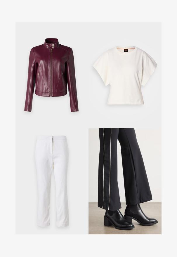 Burgundská kožená bunda s stojáčkem, předním zipem a dvěma kapsami na ruce se zipem. Hladká textura a přizpůsobený design.; Bílý zkrácený T-shirt, krátké široké rukávy, měkký bavlněný materiál, kulatý výstřih s jemným oranžovým lemováním, minimalistický design, bez vzorů nebo grafik.; Bílé bavlněné kalhoty s rovnou nohavicou, s středně vysokým pasem a bez viditelných kovových prvků nebo vzorů. Hladká textura po celém povrchu.; Černé kožené kotníkové boty na blokovém podpatku, s elastickými bočními panely. V kombinaci s černými kalhotami, které mají bílý boční pruh.