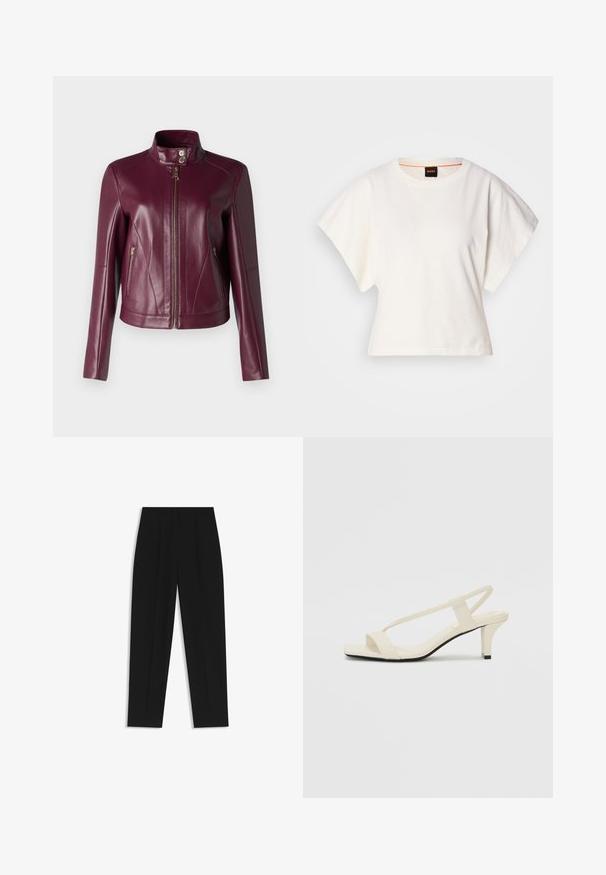 Bordeaux leren jack met een opstaande kraag, sluiting met rits aan de voorkant en twee ritszakken. Soepele textuur en op maat gemaakt design.; Witte gecropte T-shirt, korte brede mouwen, zachte katoenmaterialen, ronde halslijn met subtiele oranje rand, minimalistisch ontwerp, geen patronen of graphics.; Zwarte broeken met een rechte pasvorm, voorzien van dubbele plooien, een zachte textuur en een klassiek taillebandontwerp. Geen zichtbare hardware of accenten.; Beige blockhak sandalen met dunne bandjes en een vierkante neus. Glad materiaal met minimale details, ontworpen voor eenvoudig dragen.