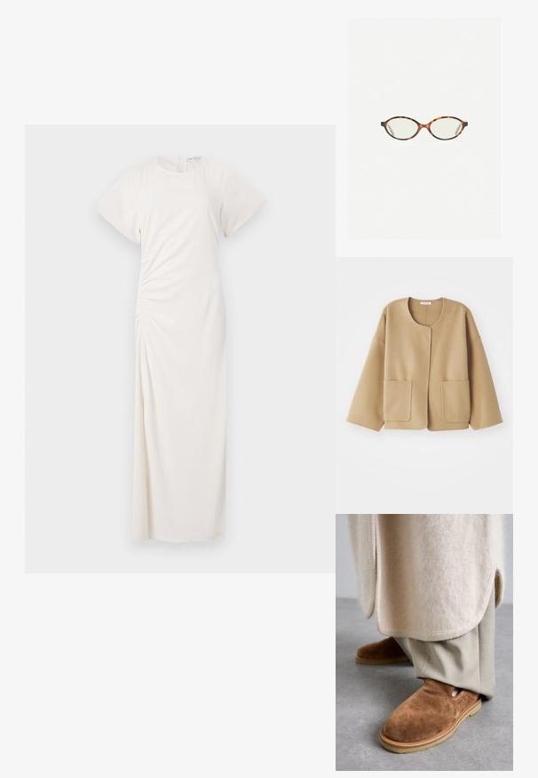 Bež jakna od mješavine vune s okruglim izrezom, spuštenim ramenima i dva prednja džepa. Jednostavan, opušten dizajn s glatkom teksturom.; Bijela haljina s kratkim rukavima, okruglim izrezom i bočnim naborima; glatka tkanina s siluetom do poda.; Smeđe suede slip-on cipele s zaobljenim vrhom, gumeni đon i detalj s bočnim izrezom, u kombinaciji sa svijetlosmeškim krojenim hlačama.; Naočale u boji kornjače s ovalnim staklima i elegantnim, glatkim završetkom. Imaju tanke strane s suptilnom krivuljom na sljepoočnicama. Prozirna stakla.