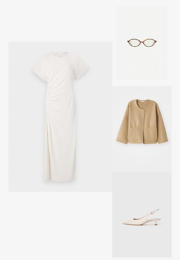 Beige bunda z vlněné směsi s kulatým výstřihem, spadlými rameny a dvěma předními kapsami. Jednoduchý, uvolněný design s hladkou texturou.; Bílé šaty s krátkými rukávy, kulatým výstřihem a řasením po stranách; hladká tkanina s dlouhým střihem k podlaze.; Krémová špičatá slingback obuv s nízkým klínkovým podpatkem a zlatou sponou na bílém pozadí.; Želvovinové brýle s oválnými čočkami a hladkým, jemným povrchem. Má tenké bočnice s jemným zakřivením v chrámcích. Čiré čočky.