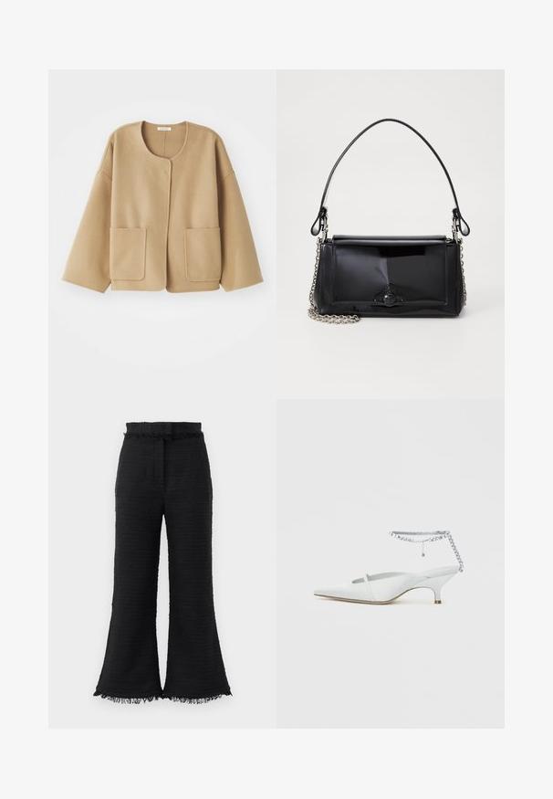 Beige, wool-blend jacket with a round neckline, dropped shoulders, and two front pockets. Simple, relaxed design with a smooth texture.; Black turtleneck sweater made of soft fabric, featuring ribbed accents at the collar and cuffs, with a relaxed fit and side slits.; Black wide-leg pants with textured fabric, frayed hem, and elastic waistband. The design features a smooth finish and relaxed fit.; White pointed kitten heel mule with rhinestone ankle strap detail on a plain background.; Black patent leather handbag with a rectangular shape, chain strap, and a distinctive hardware accent in the center. Smooth texture.